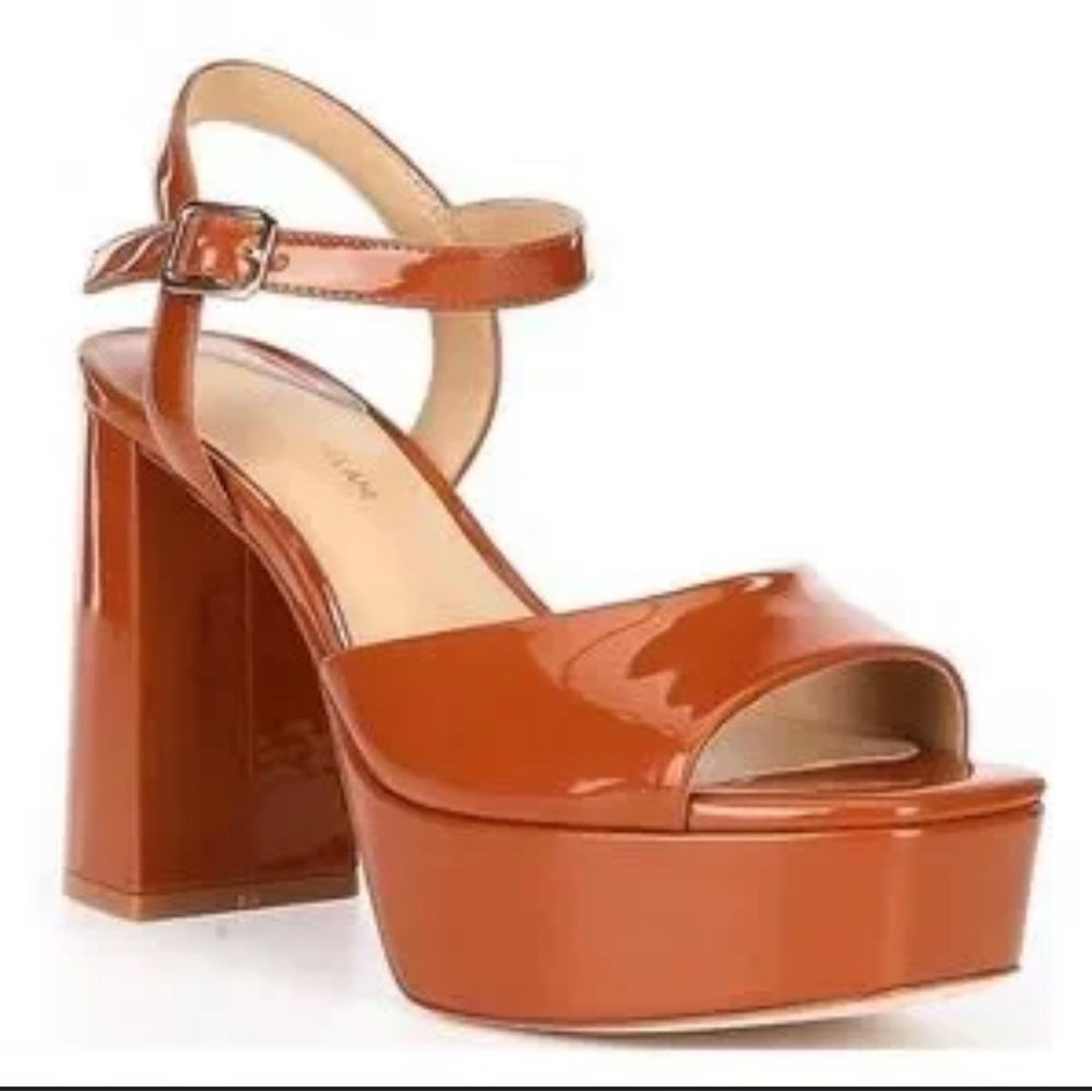 ANTONIO MELANI Tan Brown Platform Sandals with Glossy Finish Sz 5.5
